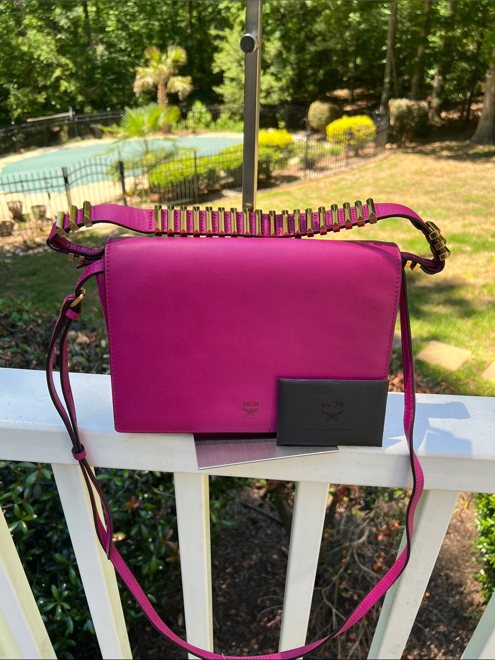 MCM Fuchsia Leather Shoulder Bag with Studded Strap EUC